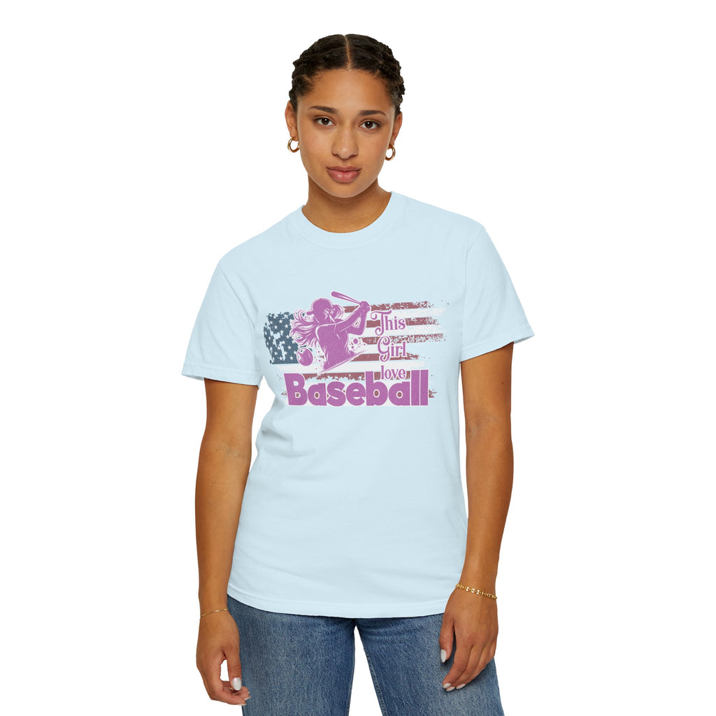 Textured Baseball Tee — "This Girl Loves Baseball" Patriotic Pink Softball T-Shirt