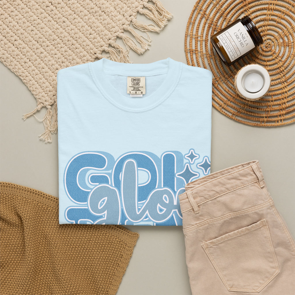 Golden Glow Textured  T‑Shirt — Retro Blue Script Graphic Tee
