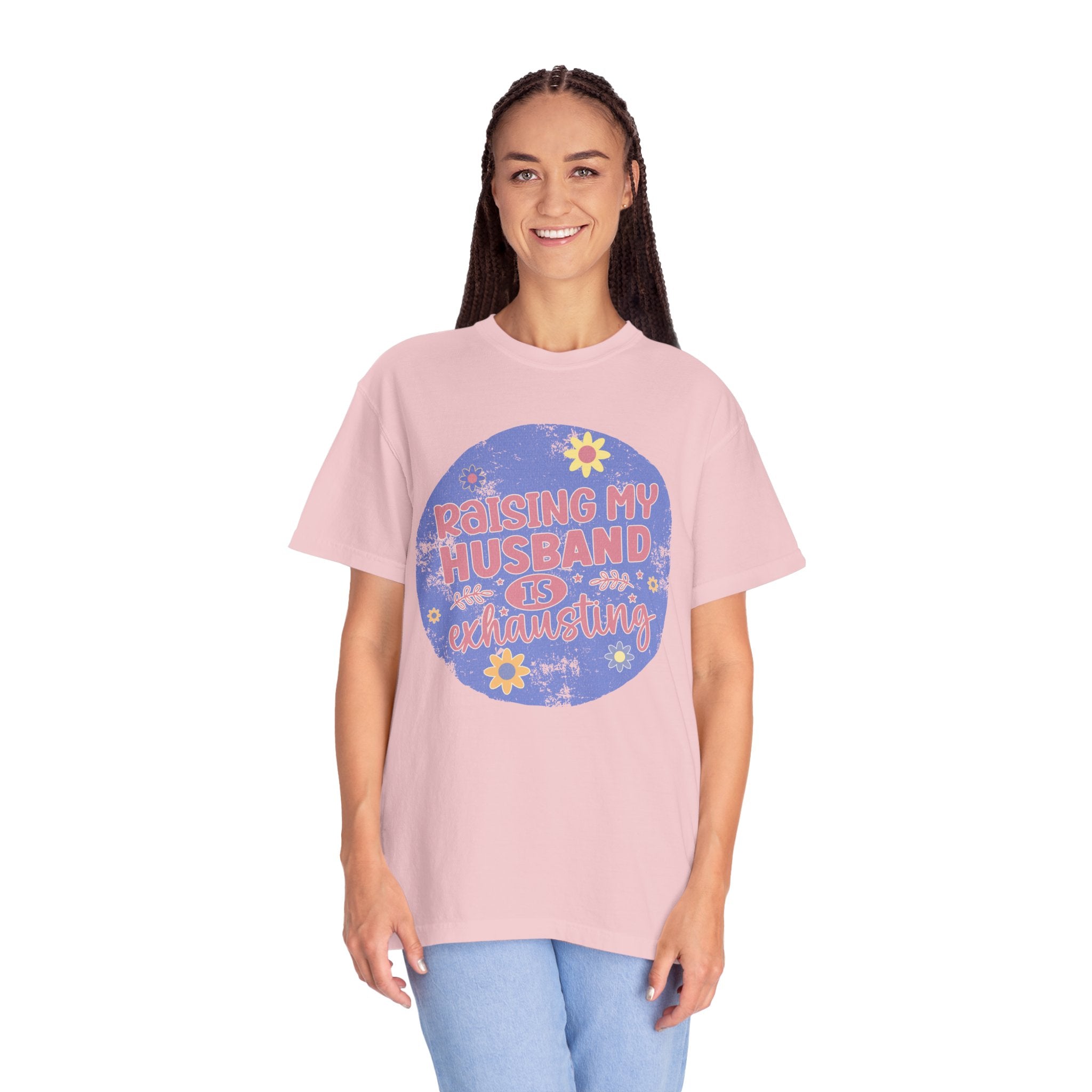 Raising My Husband Is Exhausting Textured Tee — Funny Mom Wife Graphic T-Shirt