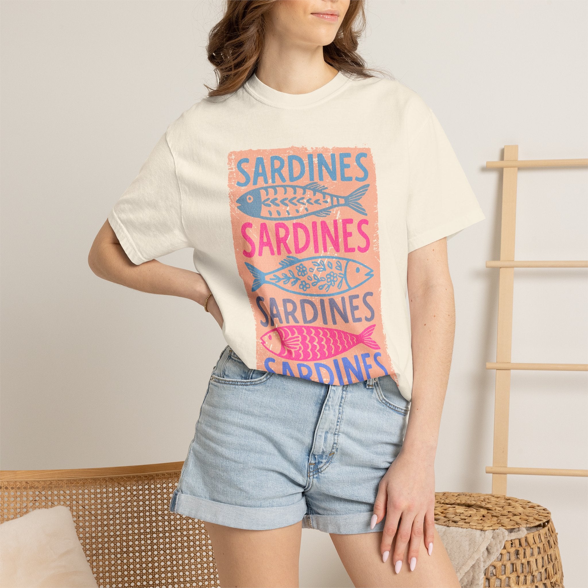 Sardines Textured Graphic T-Shirt — Retro Fish Print Tee
