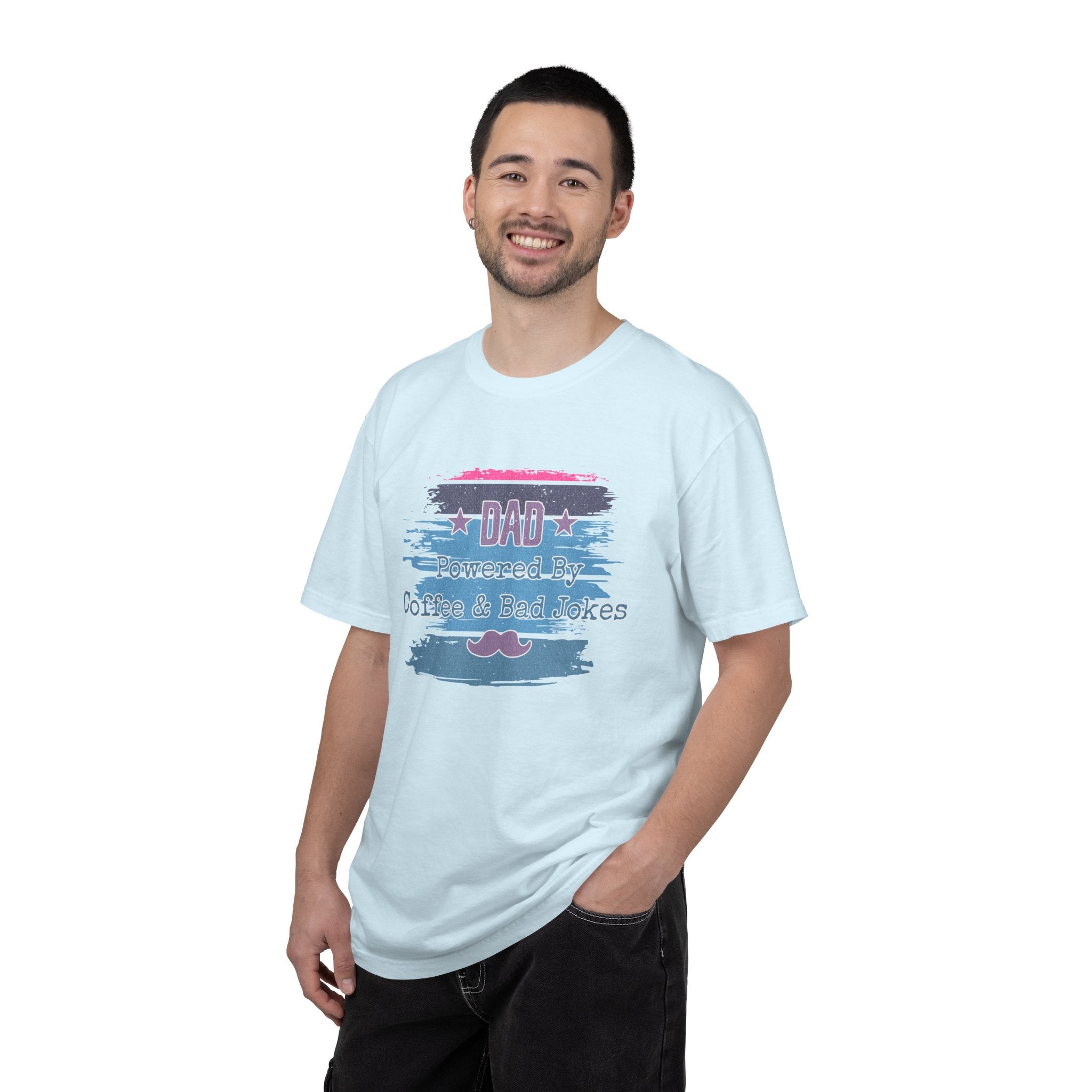 Textured Dad T-Shirt - "Powered By Coffee & Bad Jokes" Vintage Stripe Father's Day Tee