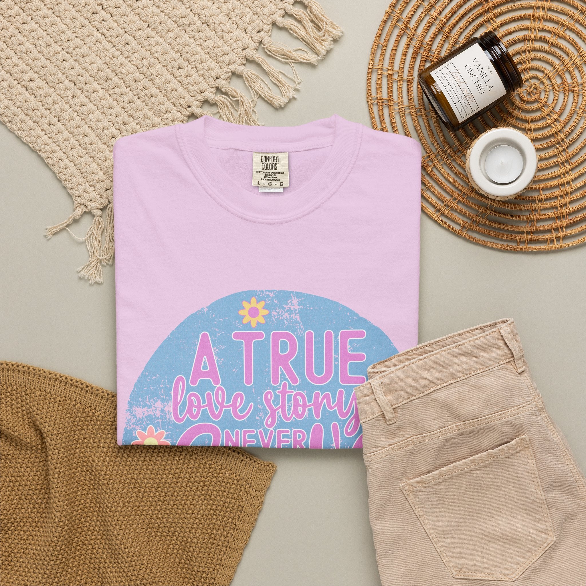 Textured T-Shirt — "A True Love Story Never Ends" Floral Graphic