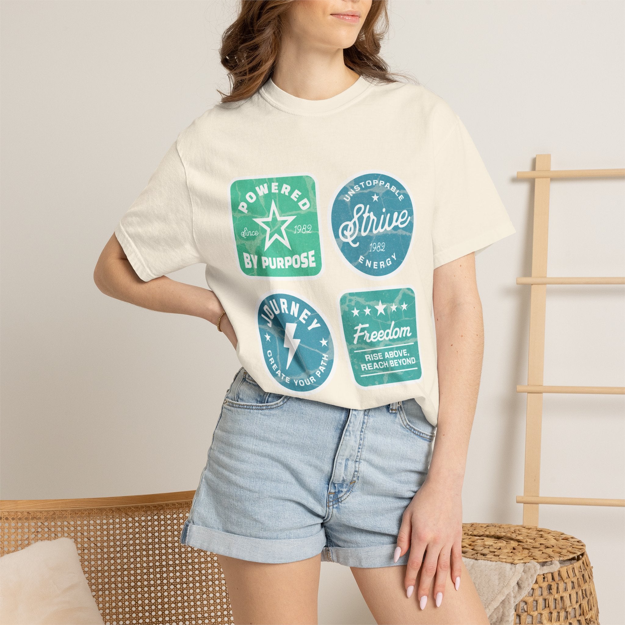 Motivational Badge Graphic Textured T-Shirt — "Powered by Purpose, Strive, Journey, Freedom"