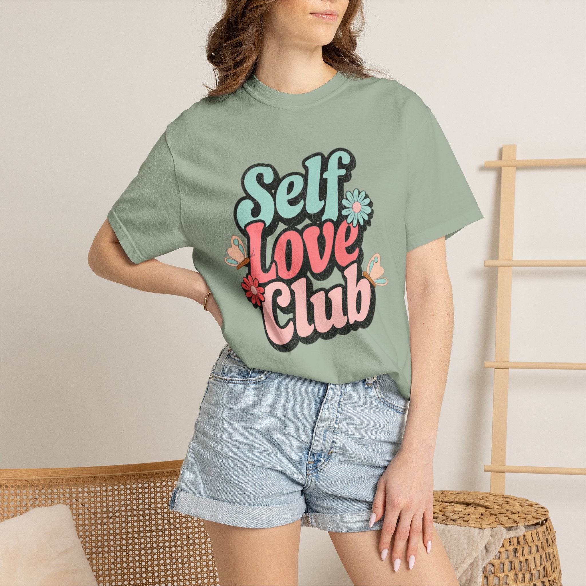 Self Love Club T-shirt | Textured Retro Floral Typography, Pastel 70s Vibe