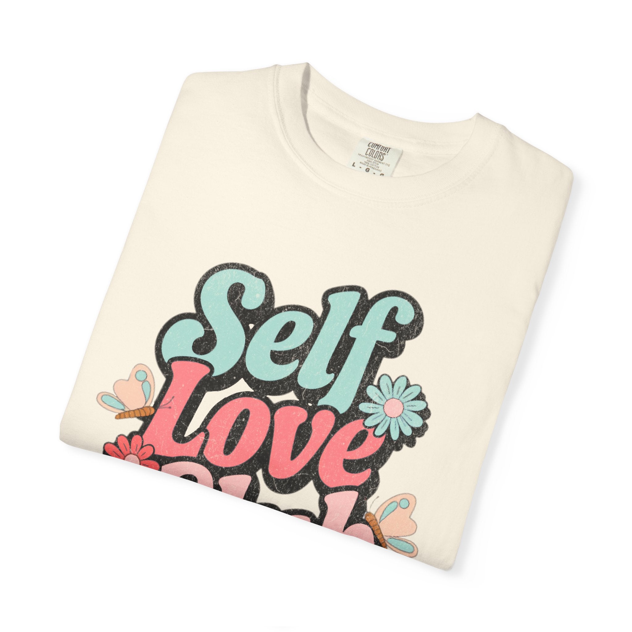 Self Love Club T-shirt | Textured Retro Floral Typography, Pastel 70s Vibe