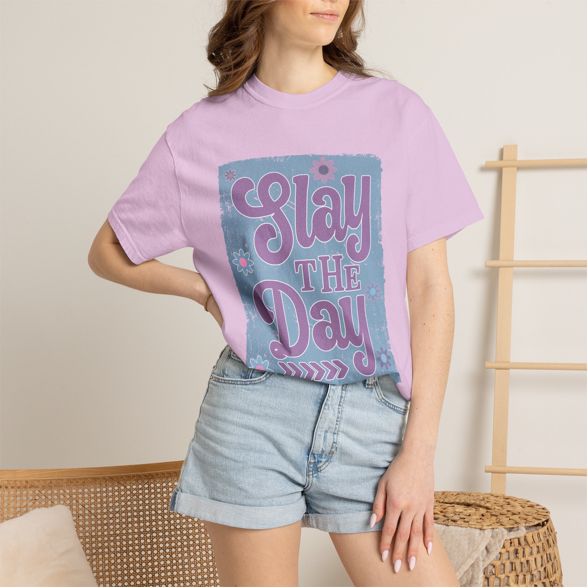 Textured Slay the Day Graphic T-Shirt — Retro Pastel Motivation Tee