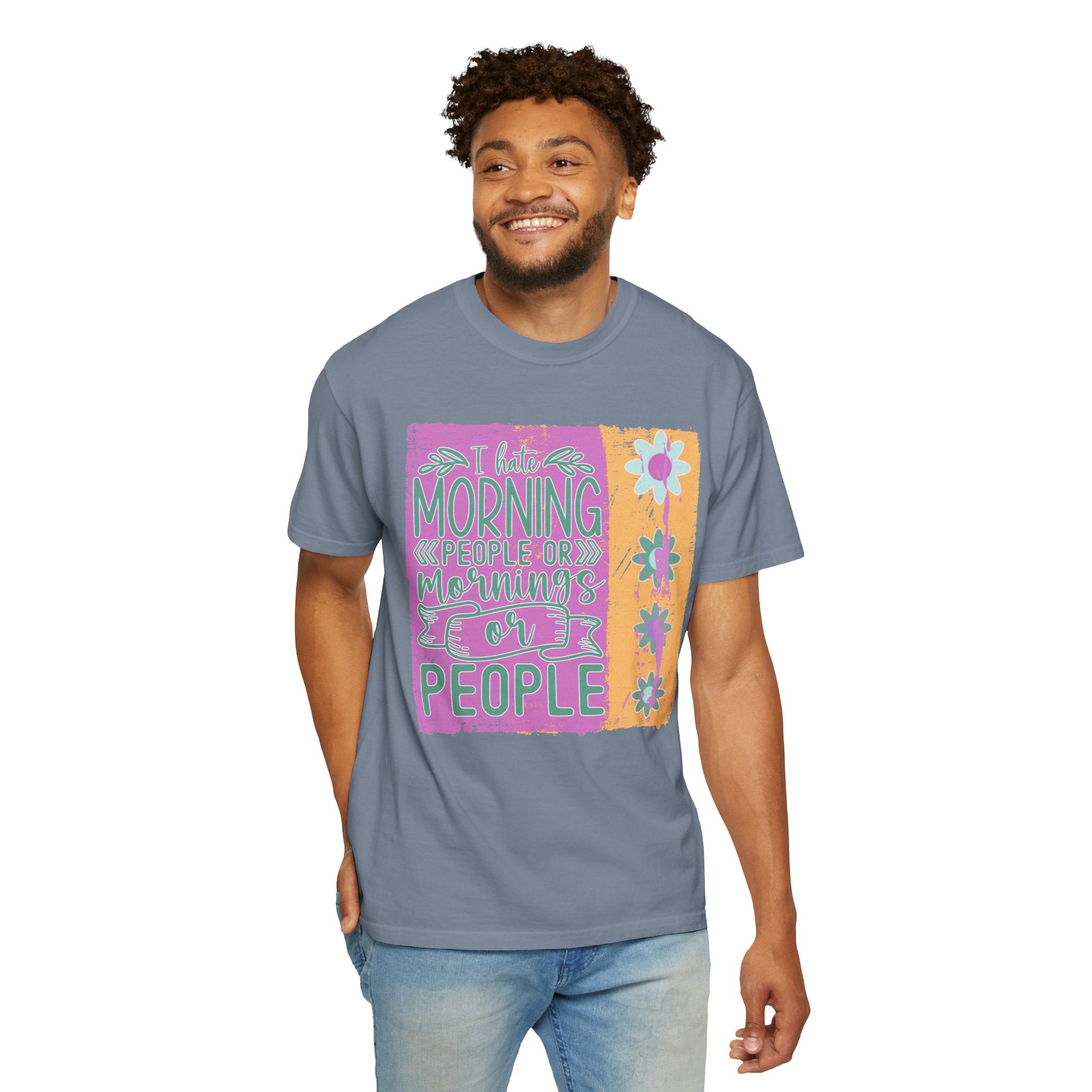 Graphic Textured T-Shirt — “Not a Morning Person” Retro Floral Block Design