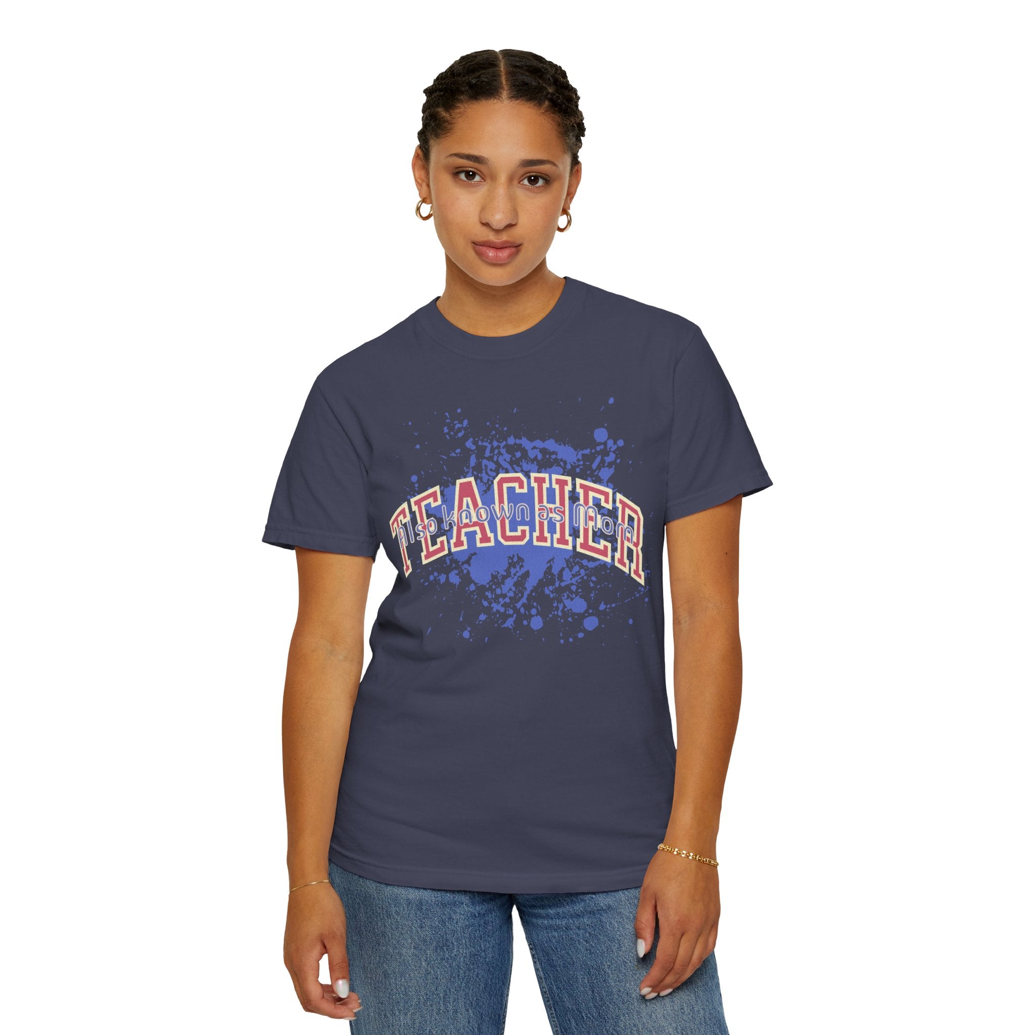 Teacher Also Known As Mom Textured T-Shirt — 'TEACHER' Collegiate Arc Design