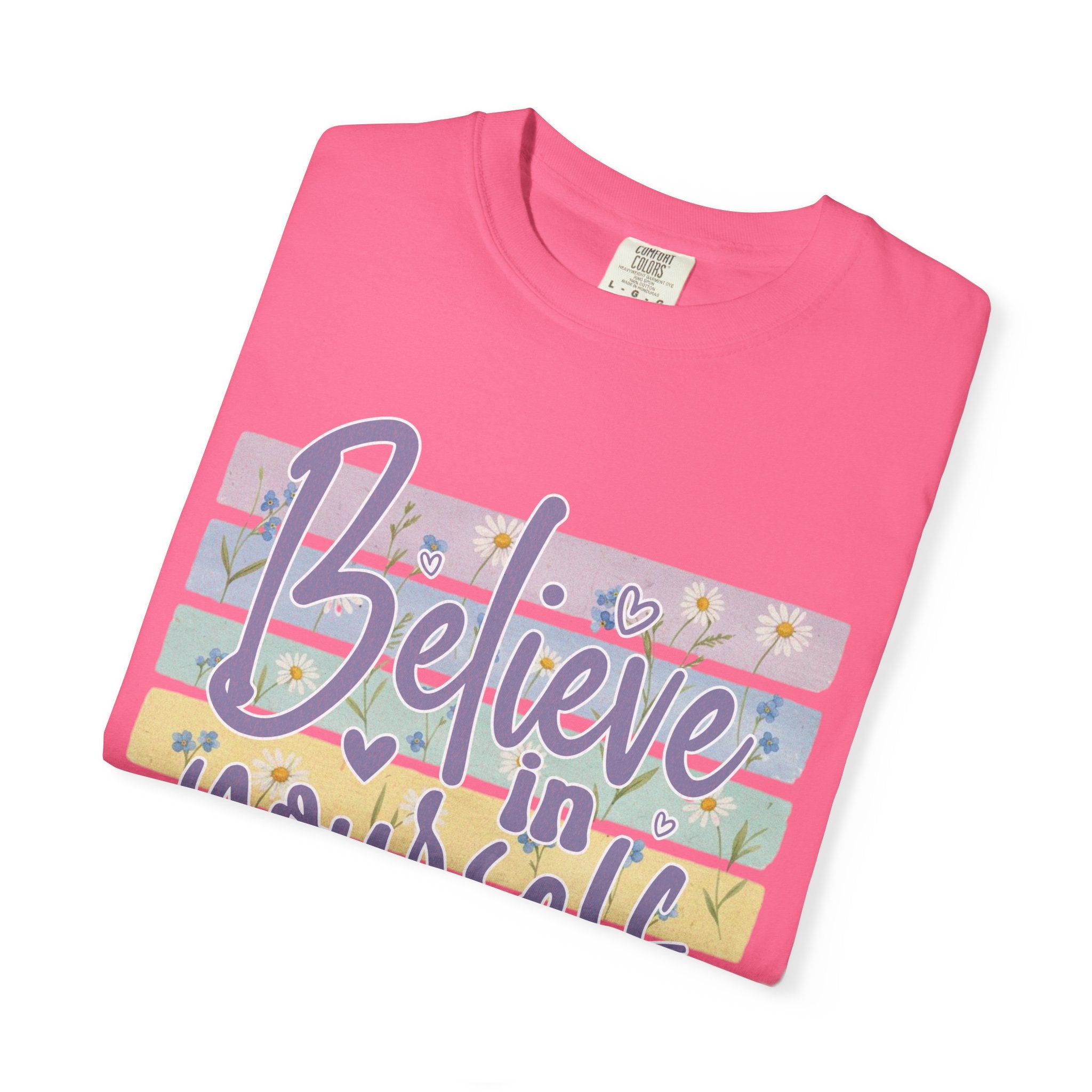 Textured Believe in Yourself T‑Shirt — Pastel Stripes Inspirational Tee