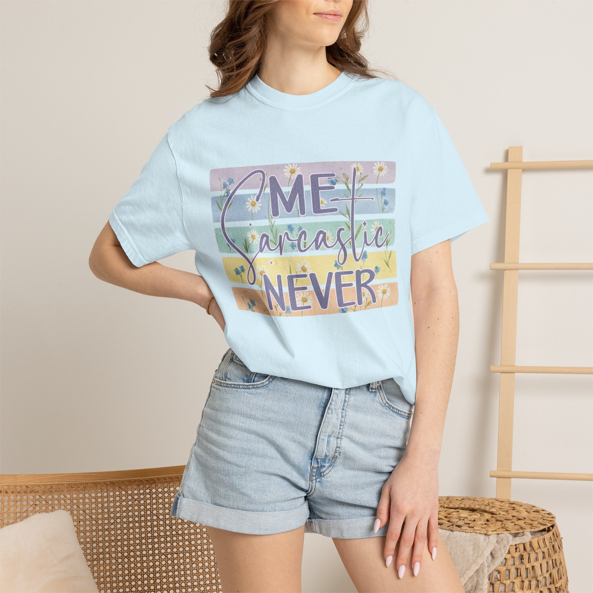 Textured Sarcastic Never T-Shirt — Pastel Striped "Me? Sarcastic? Never" Graphic Tee