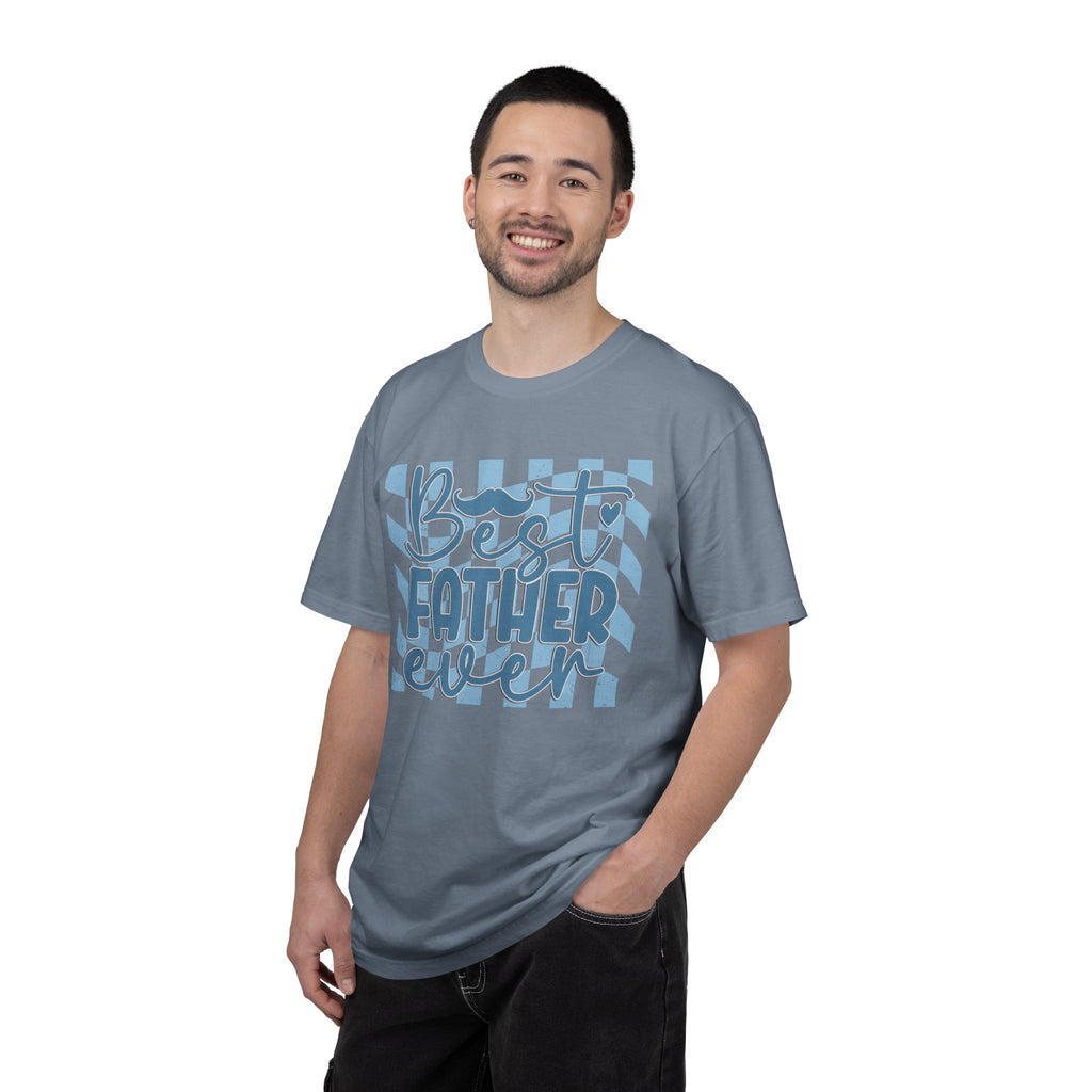 Textured Best Father Ever T-Shirt — Retro Blue Check Fathers Day Tee