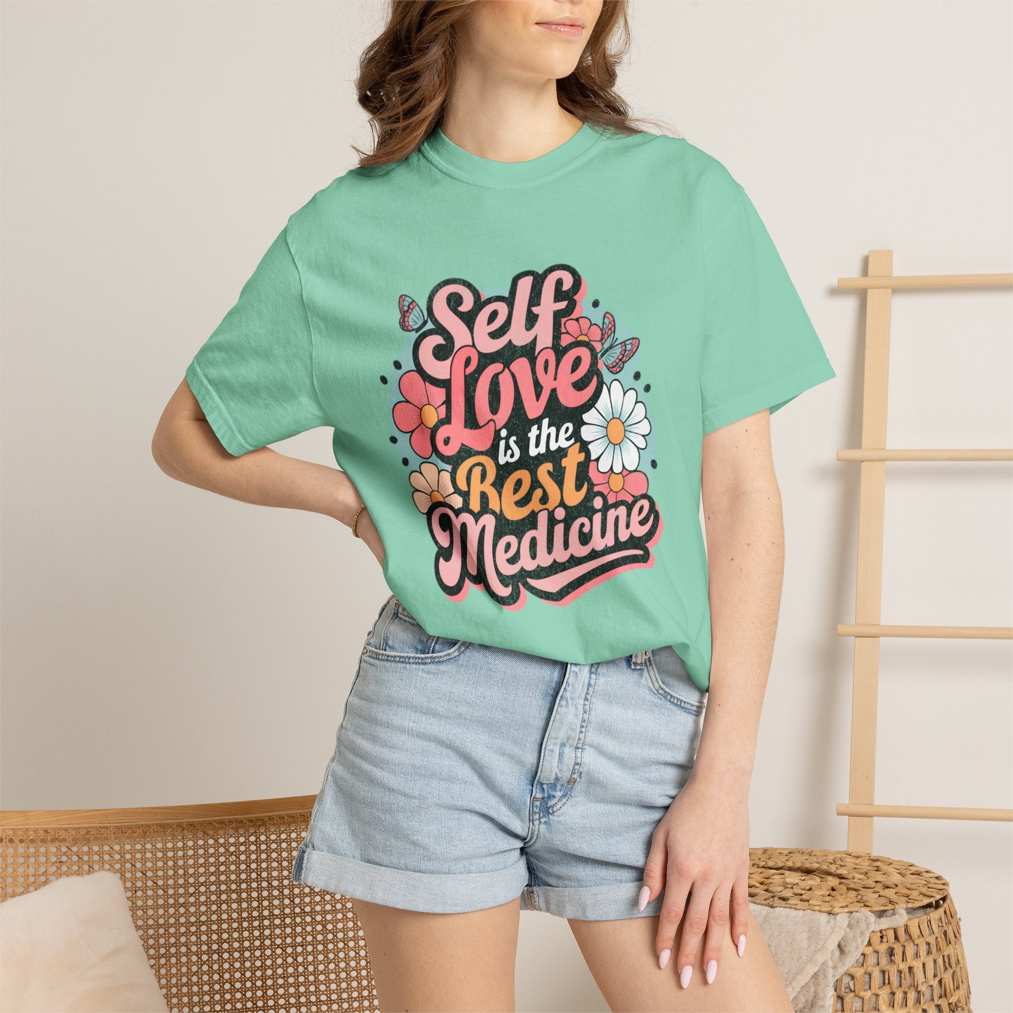 Self Love is the Best Medicine T-Shirt |Textured Floral Script Mental Health Design