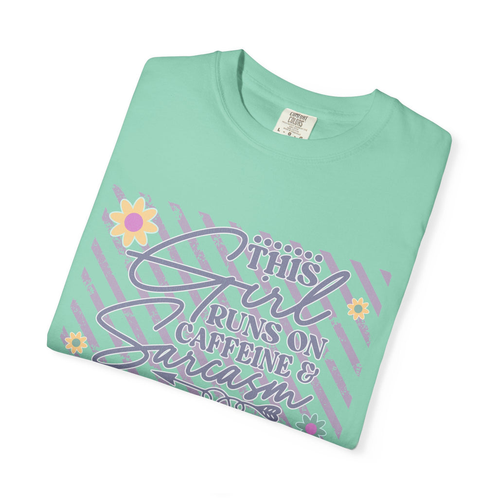 This Girl Runs On Caffeine & Sarcasm  — Textured Women's Graphic T-Shirt