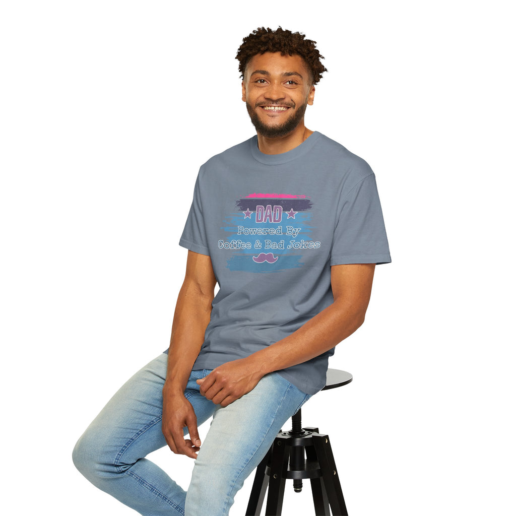 Textured Dad T-Shirt - "Powered By Coffee & Bad Jokes" Vintage Stripe Father's Day Tee
