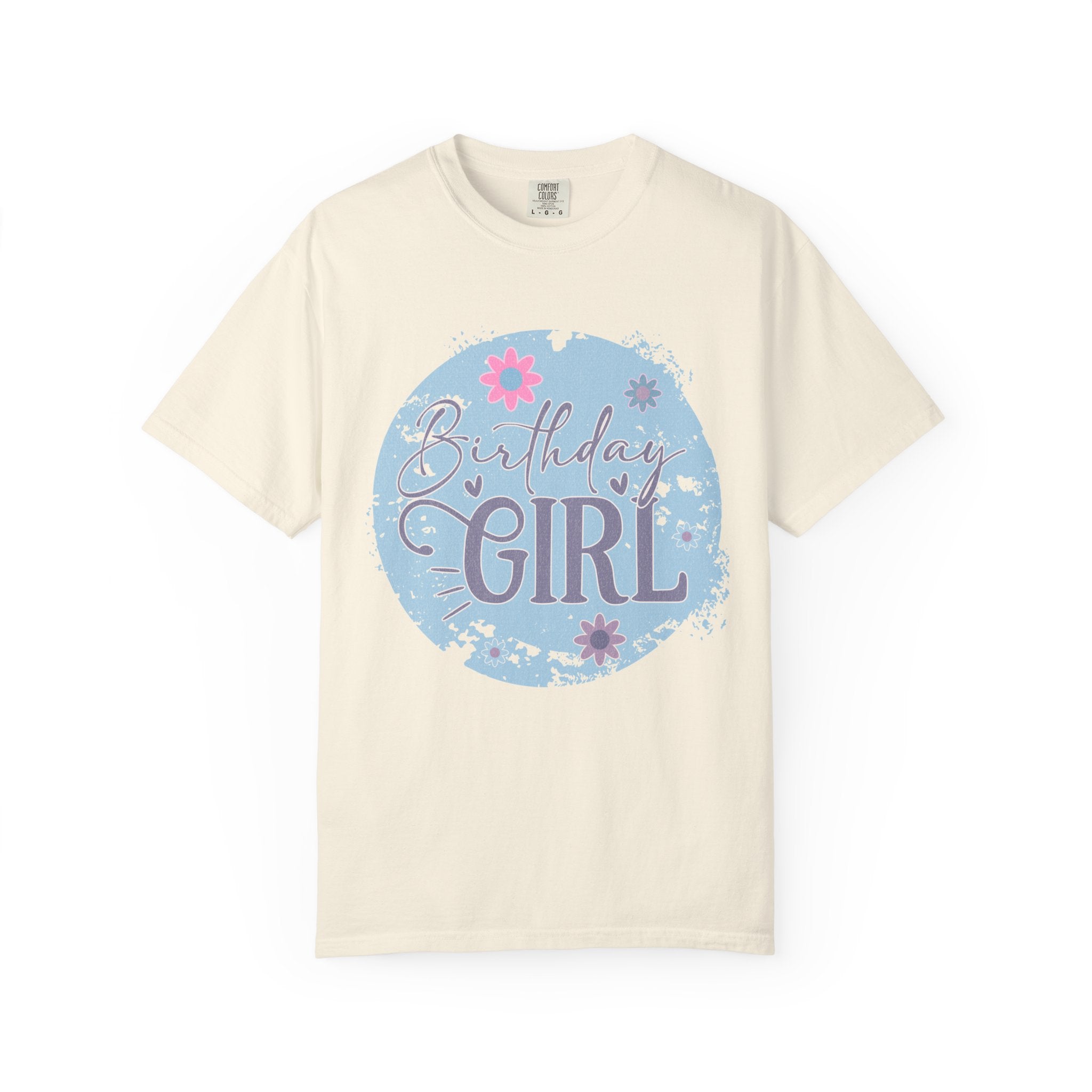 Birthday Girl Textured T-Shirt — Floral Blue Circle Graphic