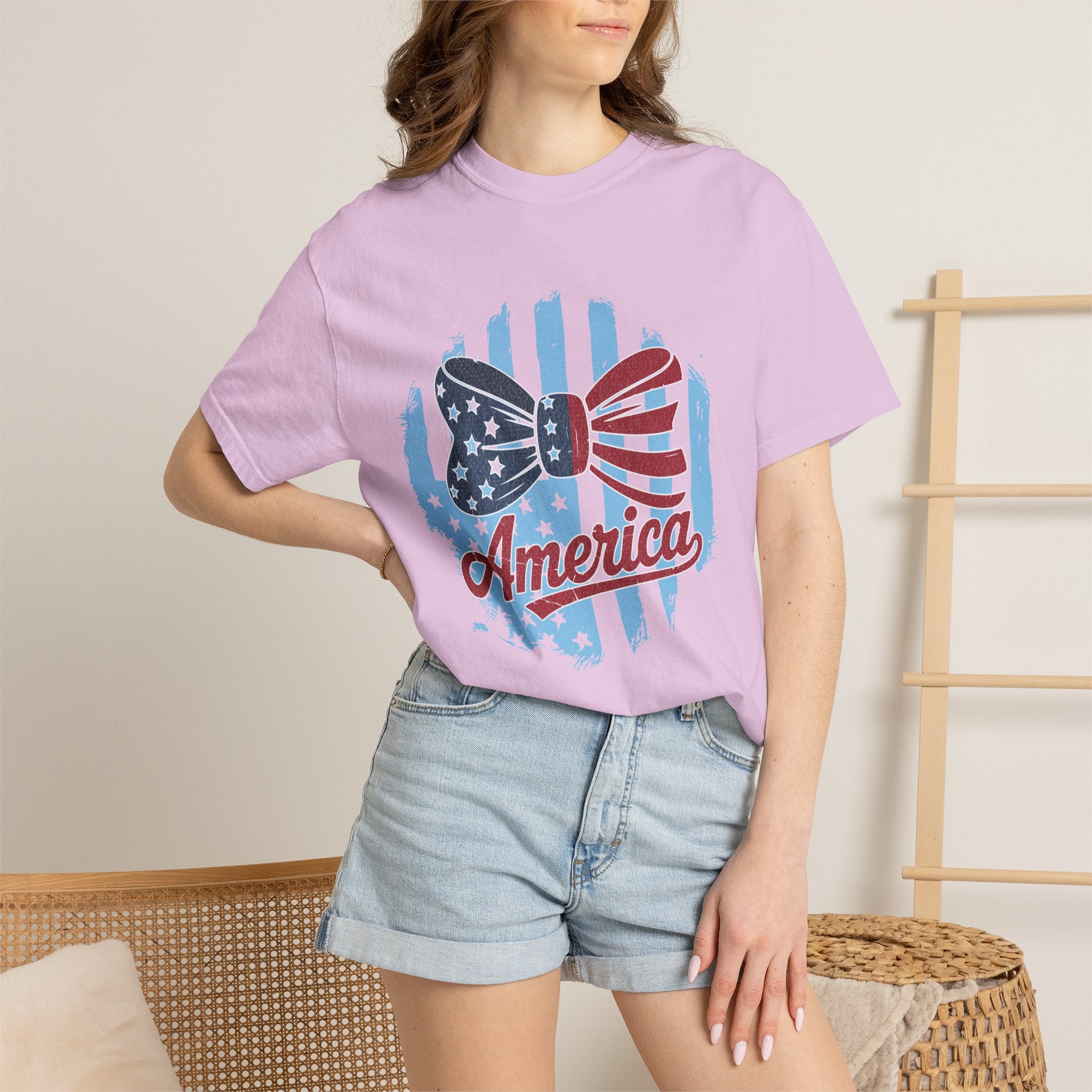 America Patriotic Bow Textured T-Shirt — USA Flag Graphic Tee for 4th of July
