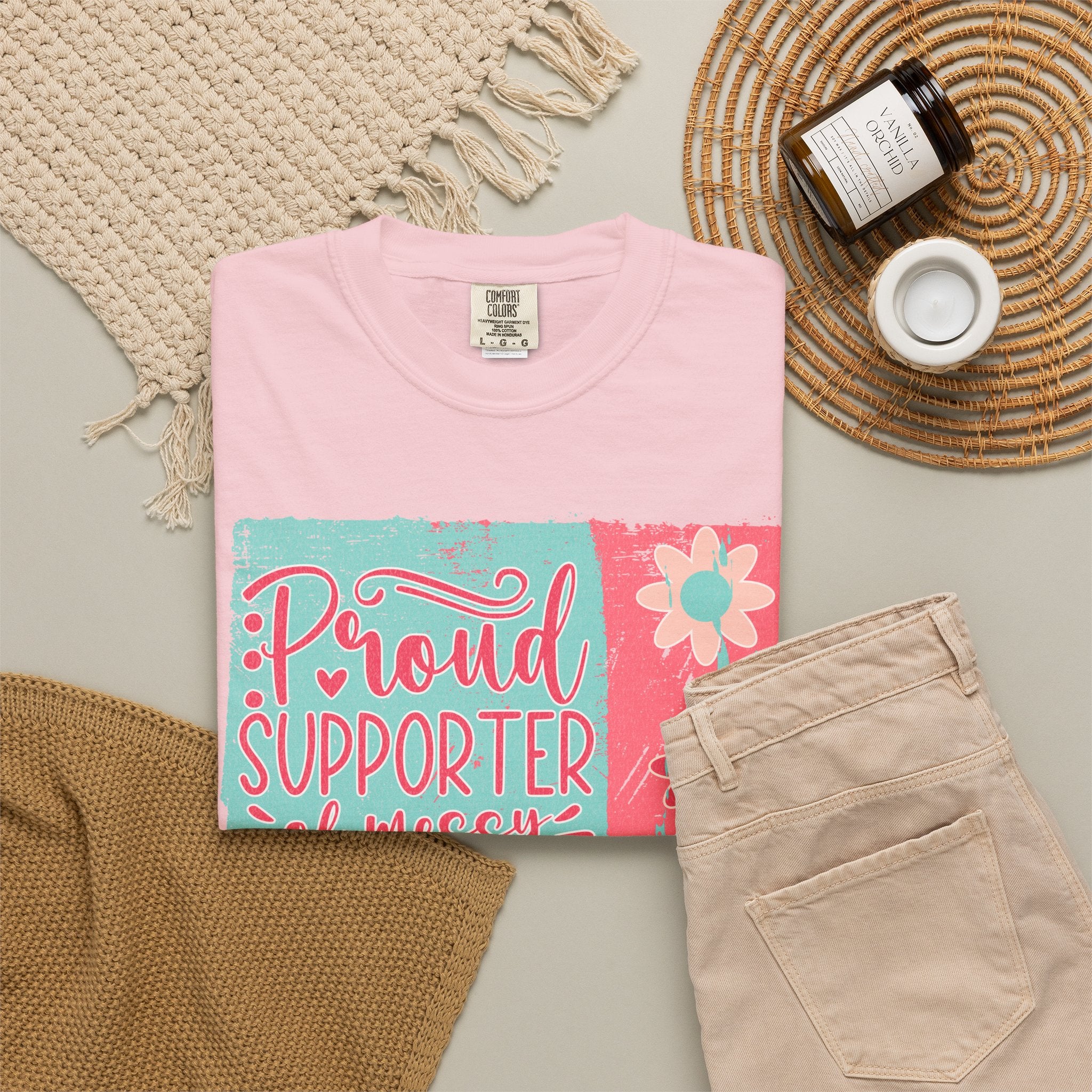 Textured T-Shirt — "Proud Supporter of Messy Hair and Sweatpants" Graphic Tee
