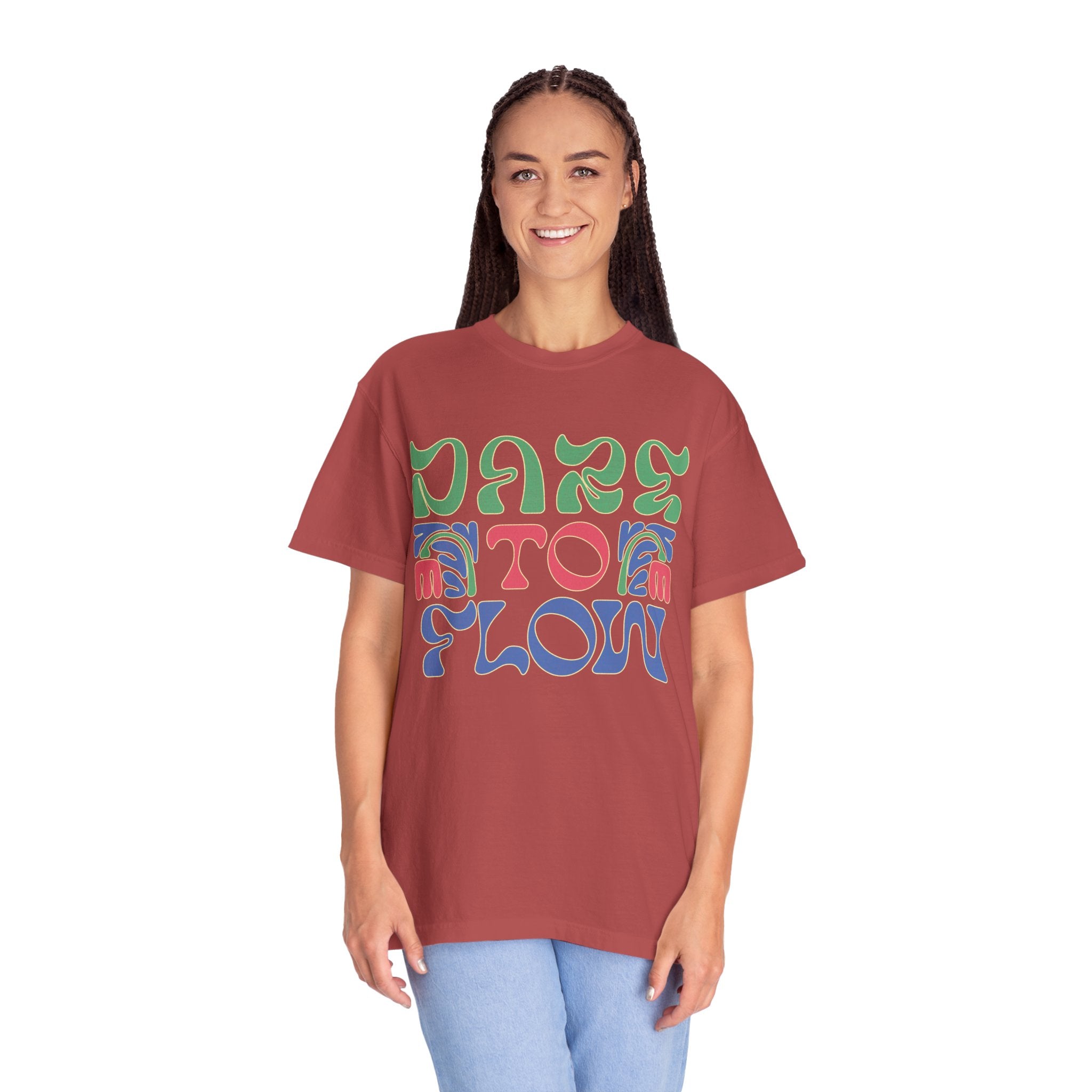 Textured Dare To Flow T-Shirt | Textured Retro Groovy Typography, Colorful Wave Design