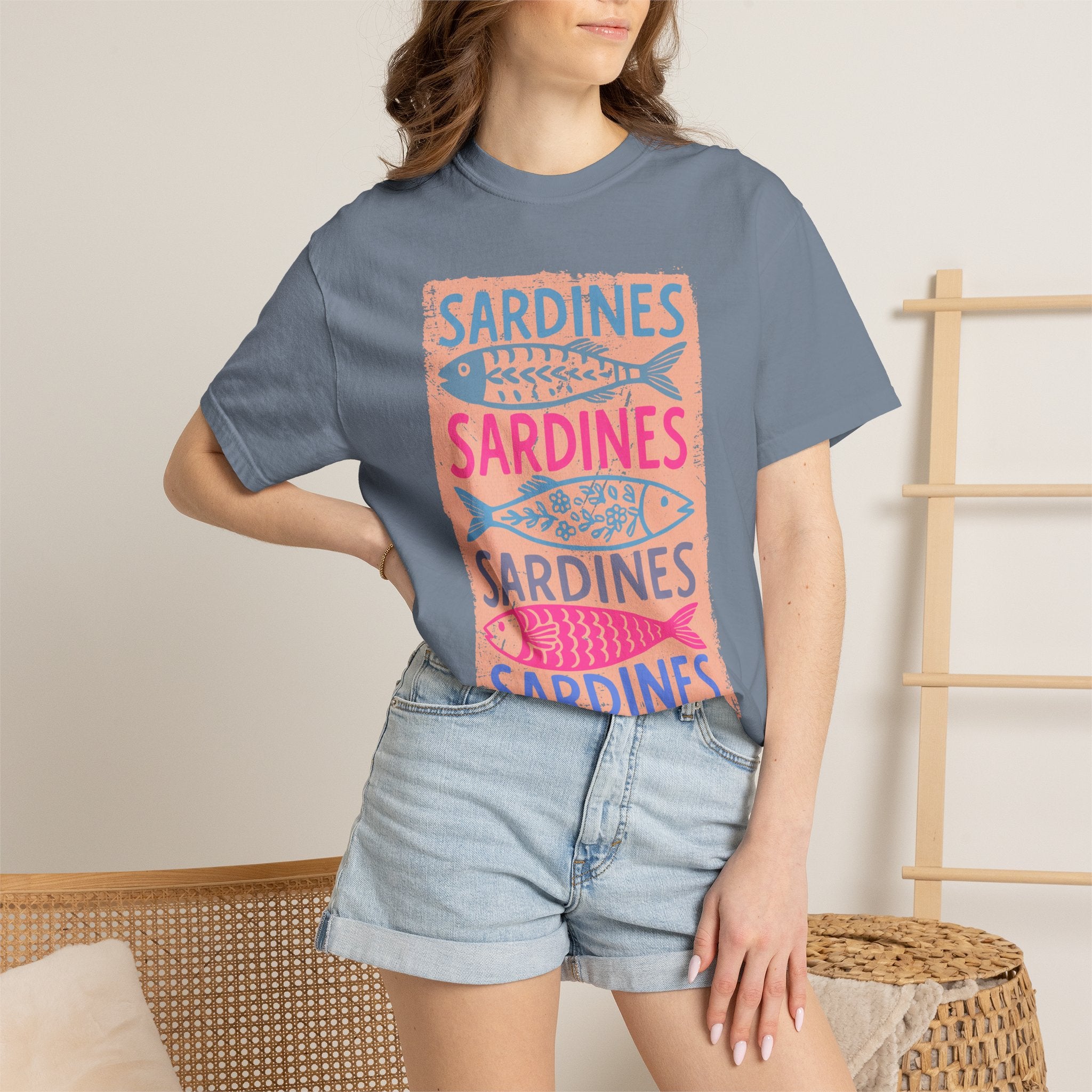 Sardines Textured Graphic T-Shirt — Retro Fish Print Tee
