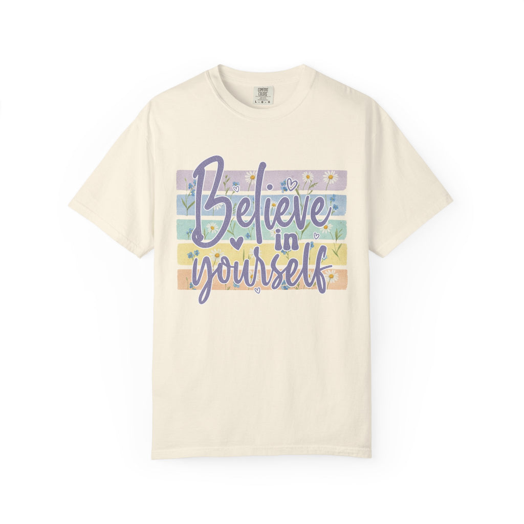 Textured Believe in Yourself T‑Shirt — Pastel Stripes Inspirational Tee