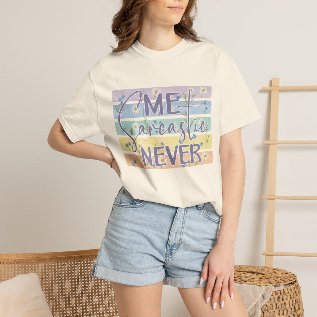 Textured Sarcastic Never T-Shirt — Pastel Striped "Me? Sarcastic? Never" Graphic Tee