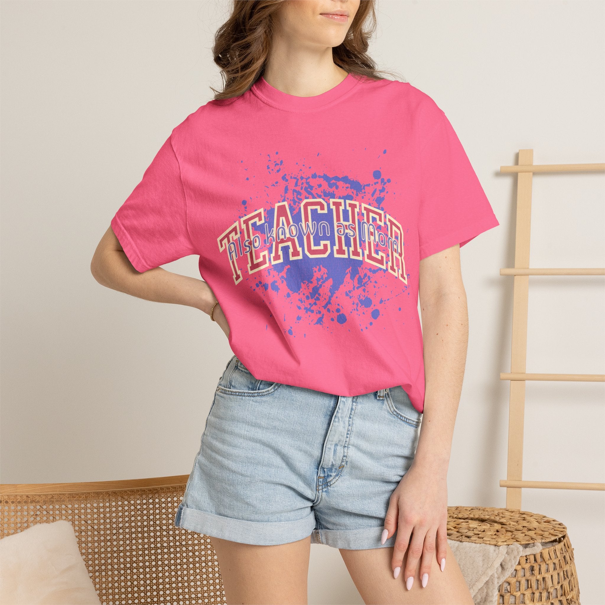 Teacher Also Known As Mom Textured T-Shirt — 'TEACHER' Collegiate Arc Design