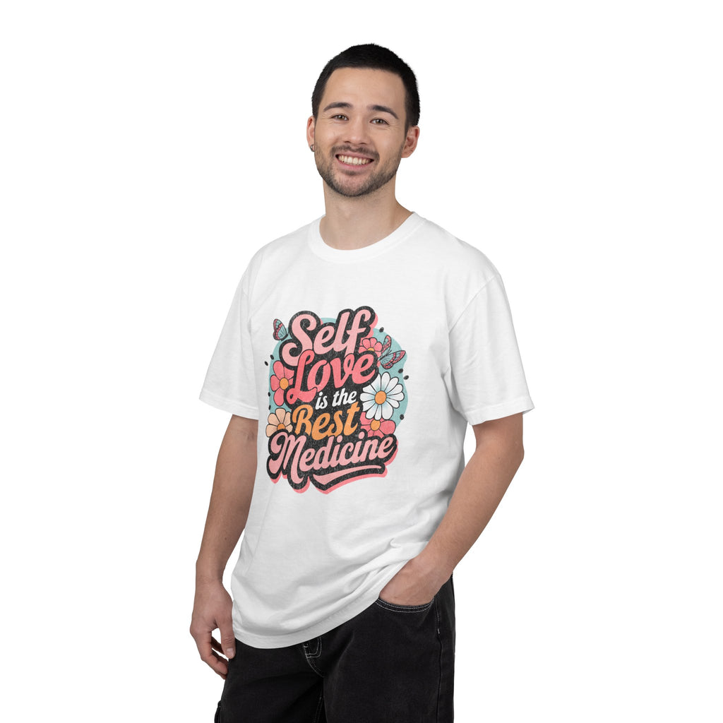 Self Love is the Best Medicine T-Shirt |Textured Floral Script Mental Health Design