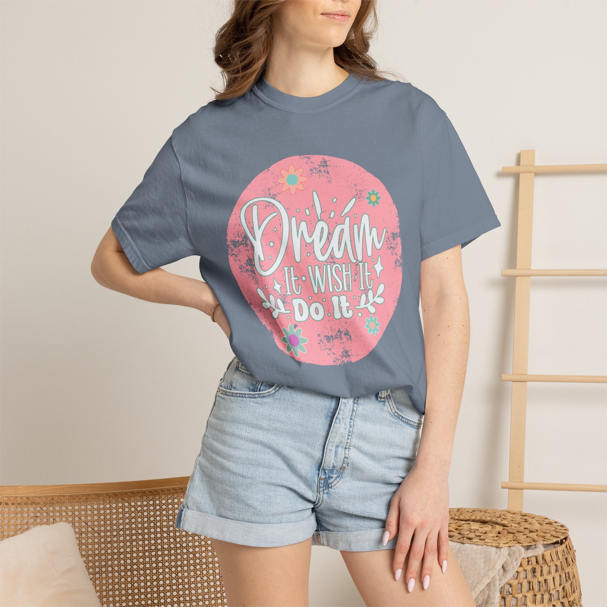 Textured T-Shirt — "Dream It, Wish It, Do It" Pink Floral Motivational Tee