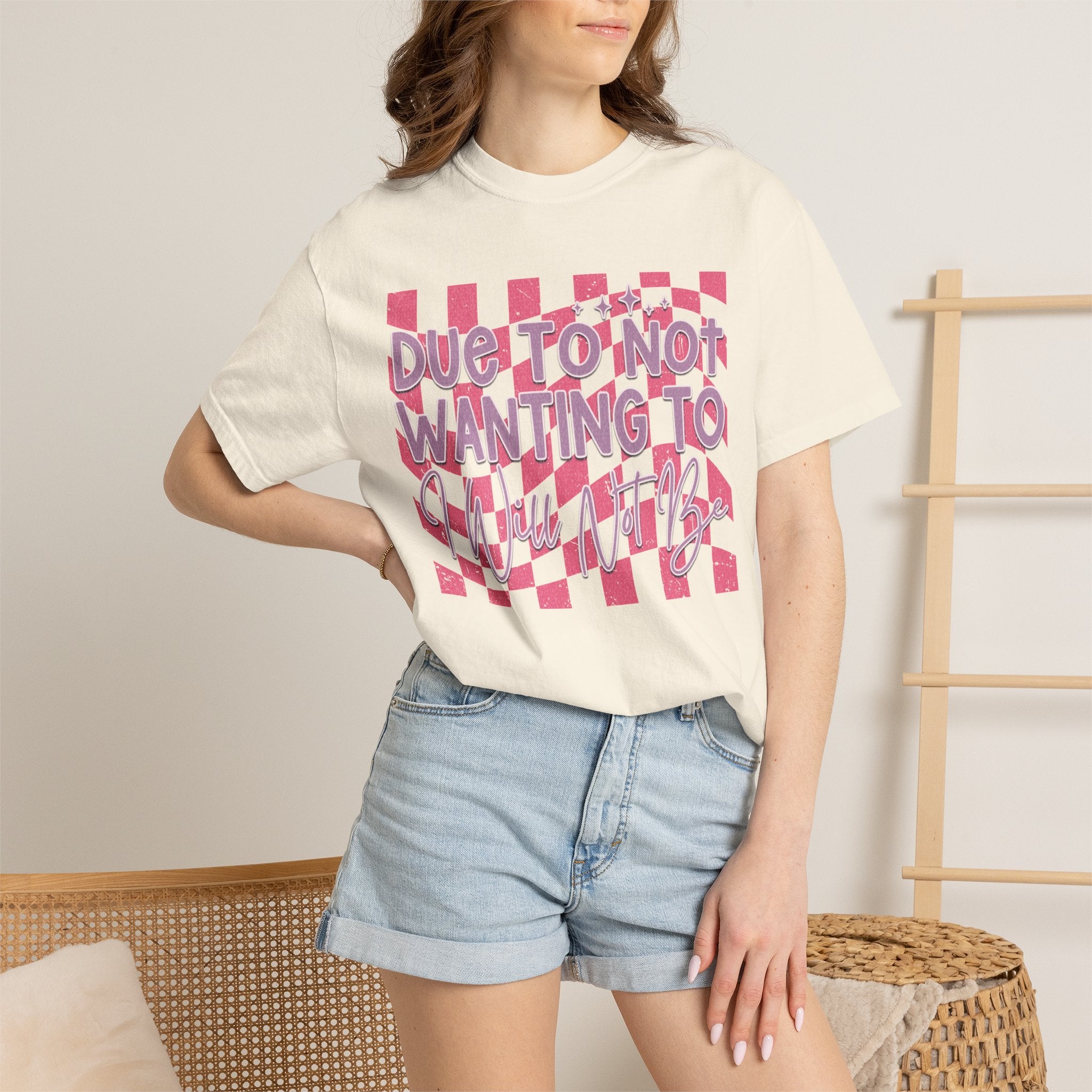 Textured Graphic Tee — “Due to Not Wanting to” Pink Checkerboard T-Shirt