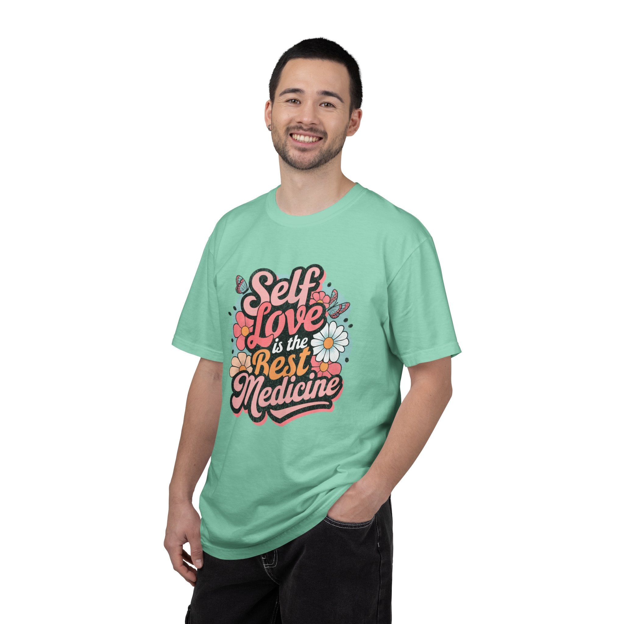 Self Love is the Best Medicine T-Shirt |Textured Floral Script Mental Health Design