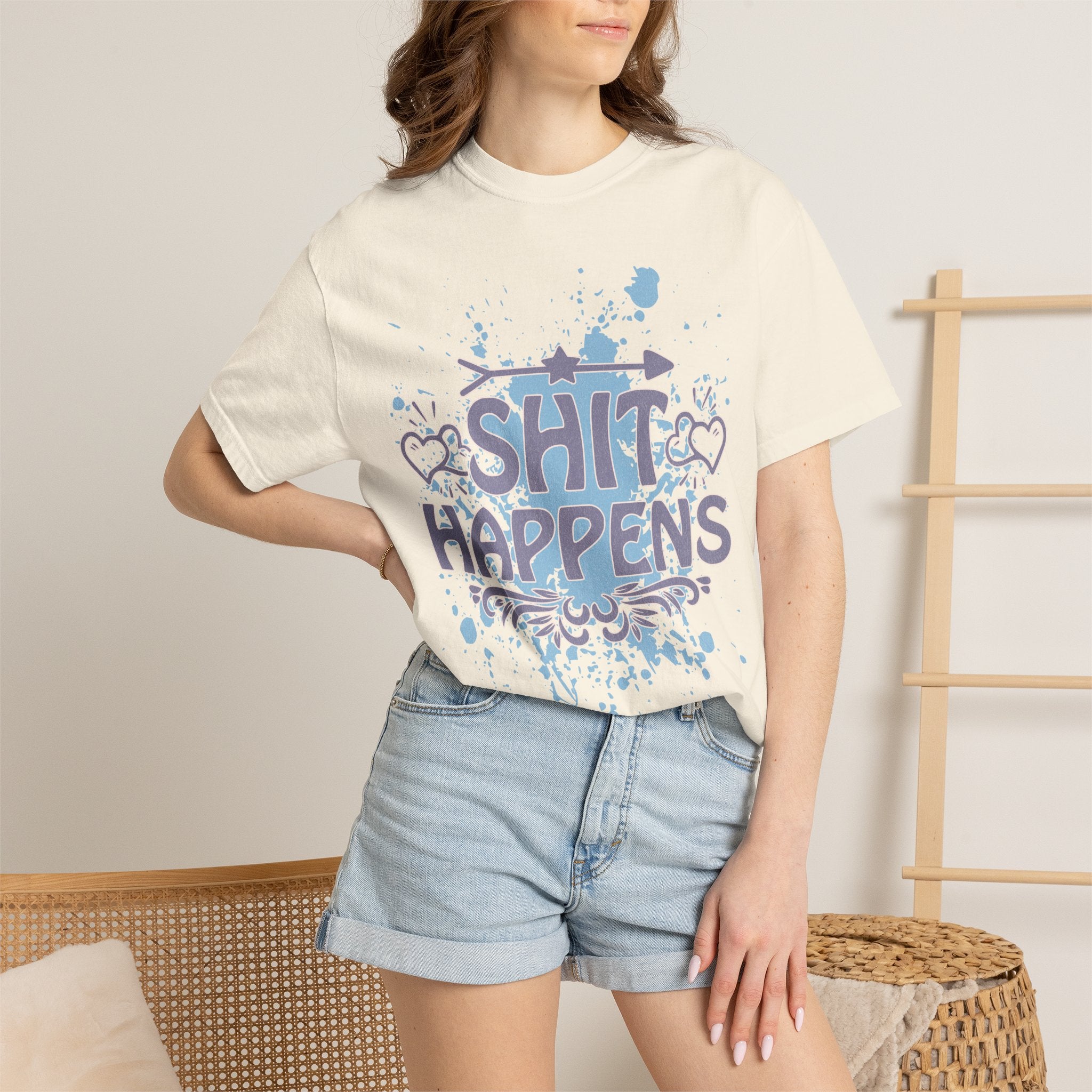 Shit Happens Graphic T-Shirt — Casual Humorous Tee with Splatter Design