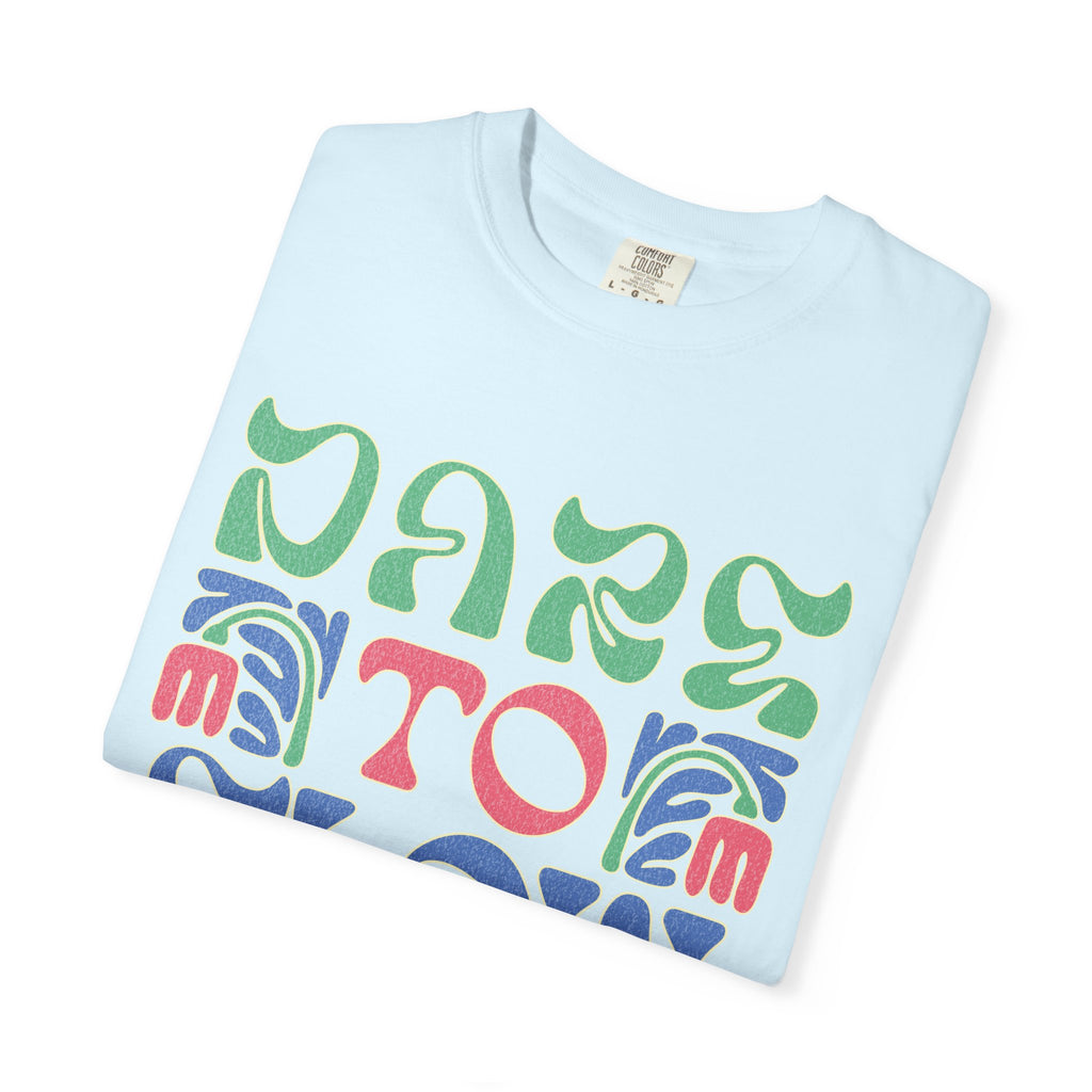 Dare To Flow T-Shirt | Textured Retro Groovy Typography, Colorful Wave Design
