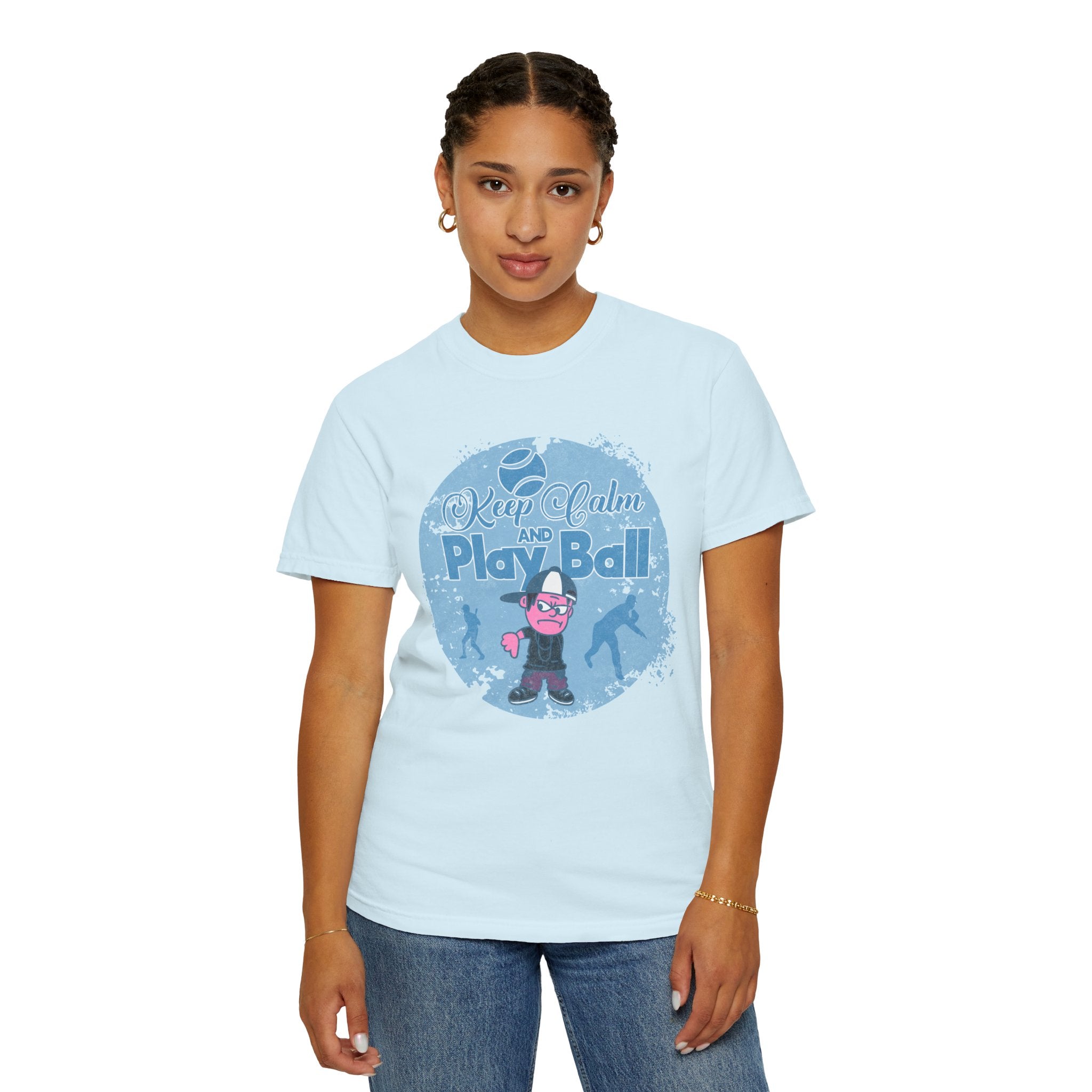 Textured Keep Calm and Play Ball Baseball T-Shirt — Cute Mascot Sports Tee for Kids & Fans