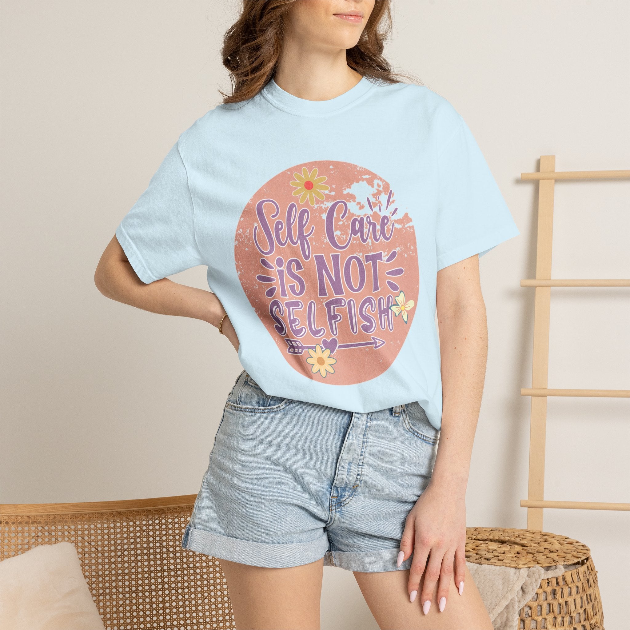 Self Care Is Not Selfish Texture  T-Shirt — Floral Mental Health Awareness Tee