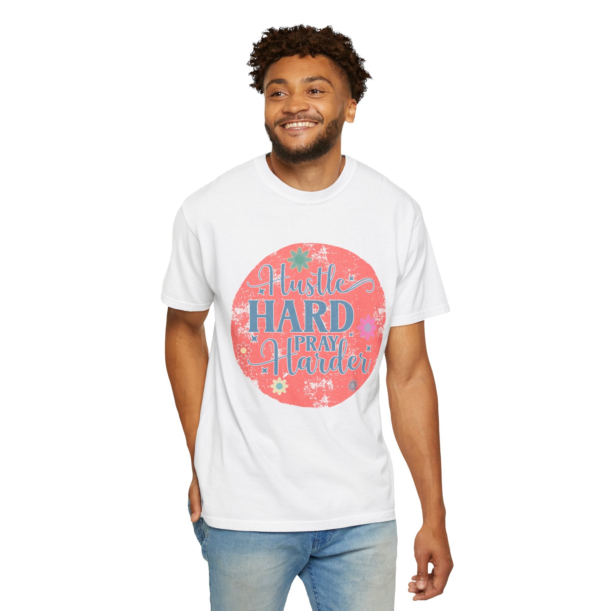 Textured Hustle Hard Pray Harder Tee — Inspirational Floral Graphic T-Shirt